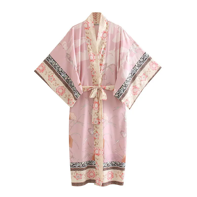 

Women Casual 2020 New Spring Dress Lace up Lady Holiday Beach Style Floral printed Three Quarter Cover-ups Kimono Vestido