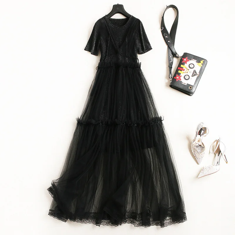 

F2261 Dress Women Summer Temperament Mature Lace Mesh Gauze Hollow Out Patchwork Wrinkle High Waist Knitted Two-Piece Vestidos