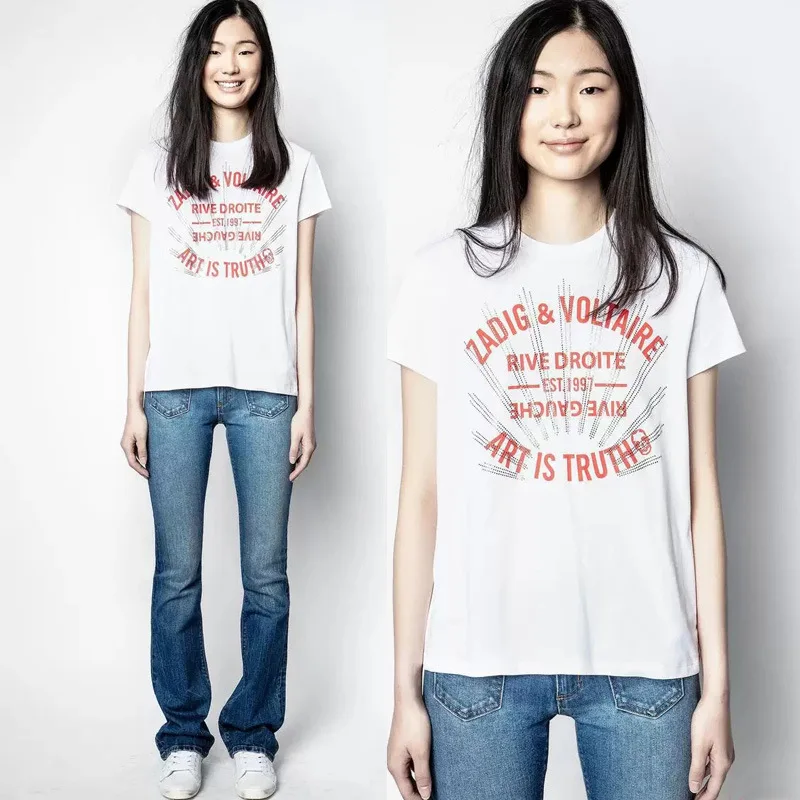 

2021 French Women Classic Summer Print 100% Cotton Outdoor Leisure Round Collar Short Sleeve T-Shirt Girl