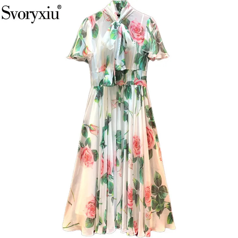 

Svoryxiu 2020 luxury Runway Summer Rose Flower Print Chiffon Long Dress Women's Elegant Short Sleeve Bow Collar Vintage Dresses