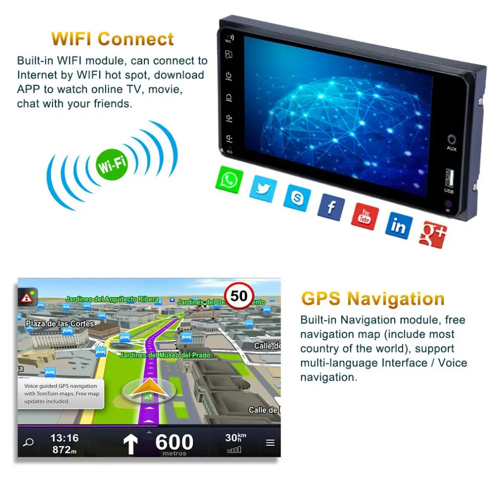 7-дюймовый 2 DIN четырехъядерный Android 8 1 HD емкостный сенсорный экран Bluetooth