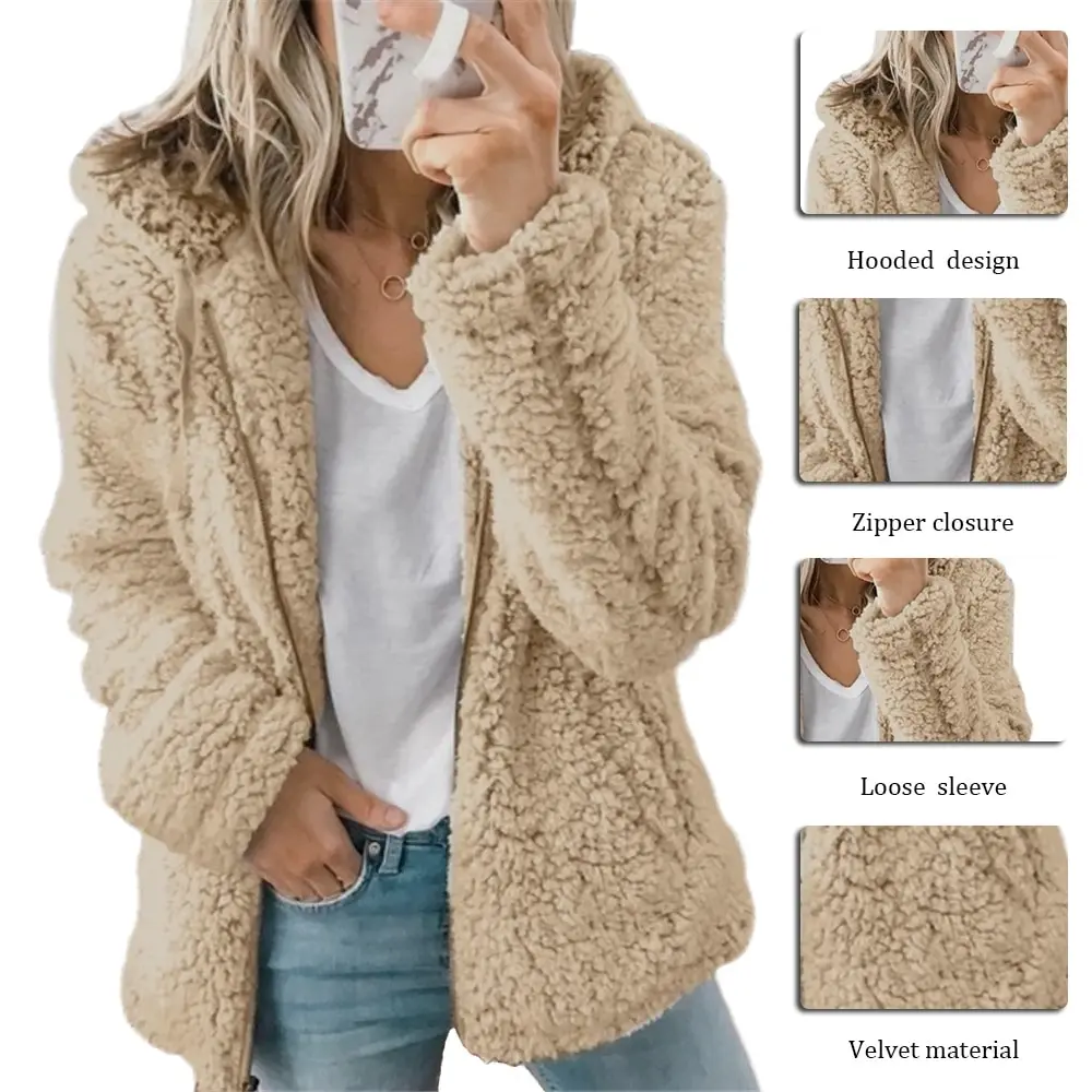

Hoodie Women Autumn Winter Jacket Female Coat Causal Soft Hooded Fleece Plush Warm Plus Size Faux Fur Fluffy Zipper top Sudadera