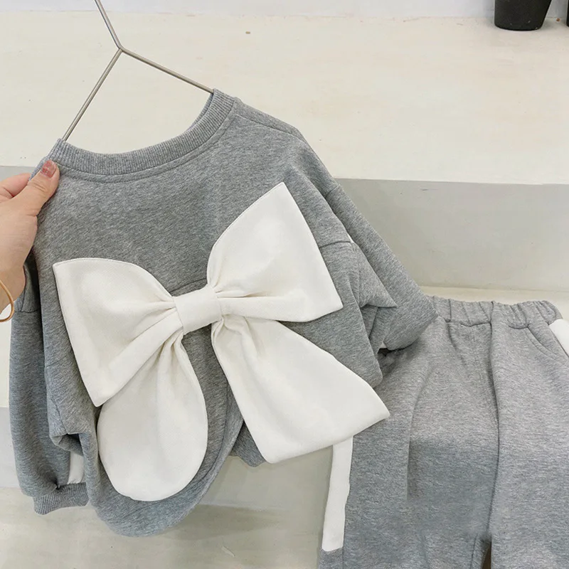 

9140 Baby Girl's Autumn 2pc Set Sweater Shirt And Pants Sporty Suit For Girls Children Clothes Big Bow Cotton Sweater Set
