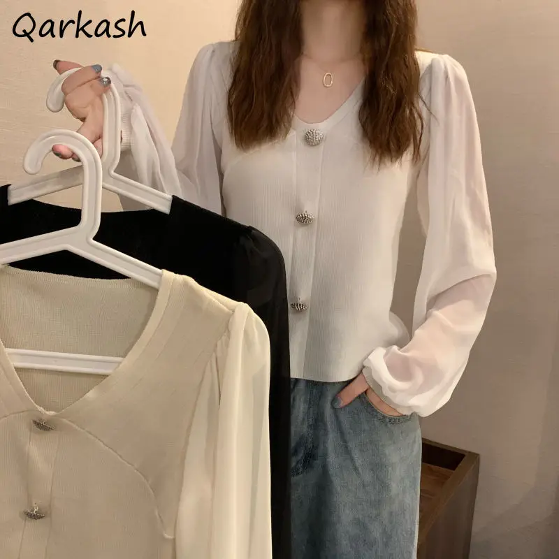 

Pullovers Women Lantern Sleeve V-neck Buttons Elegant Female Spring Autumn Solid Color All-match Retro Knitted Office Daily Ins
