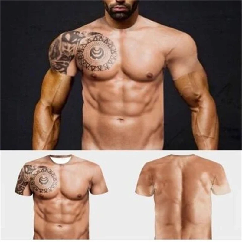 

New Muscle Tattoo Printing T-Shirts Men's Summer Short-sleeved 3D Printing Sports Fitness Bodybuilding Harajuku Streetwear