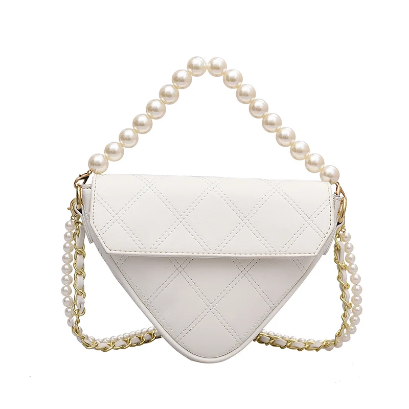 

Beaded Pearl Chain Small Triangle PU Leather Handbags for Women 2021 Ladies Simple Shoulder Crossbody Bags Luxury Brand Purses