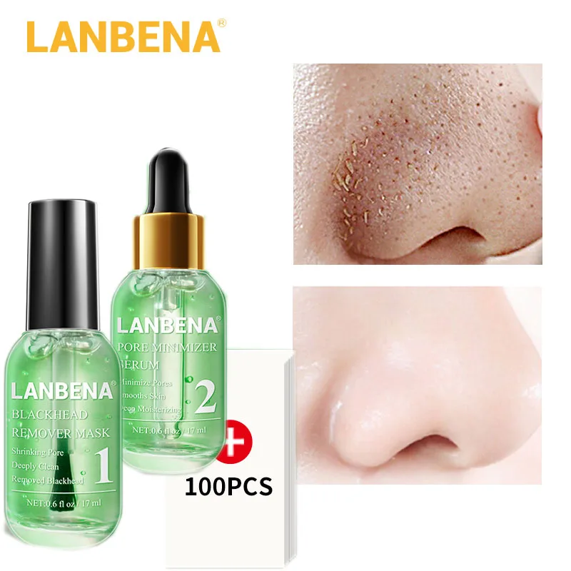 

LANBENA Green Tea Blackhead Remover Nose Mask Pore Strip Peeling Acne Treatment Pore Refining Minimizer Serum Skin Care Set