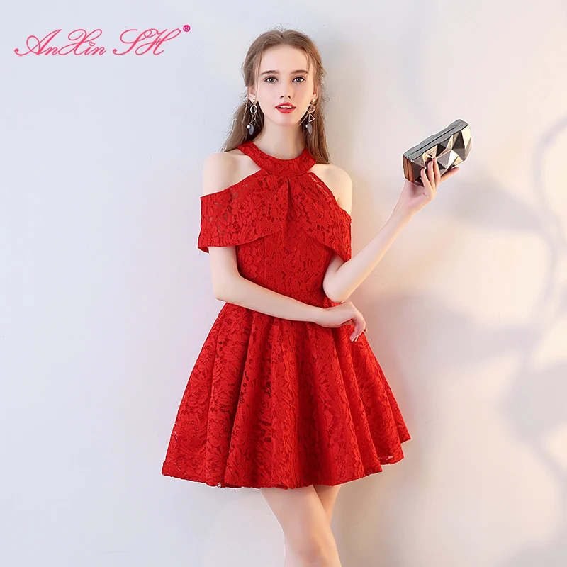 

Красное вечернее платье принцессы AnXin SH, красное кружевное вечернее платье с лямкой на шее и оборками, короткое турецкое вечернее платье, красное пляжное короткое вечернее платье с цветами