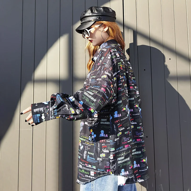 

Large size women's shirt mid-length loose printed pockets 2021 spring new trendy design niche top