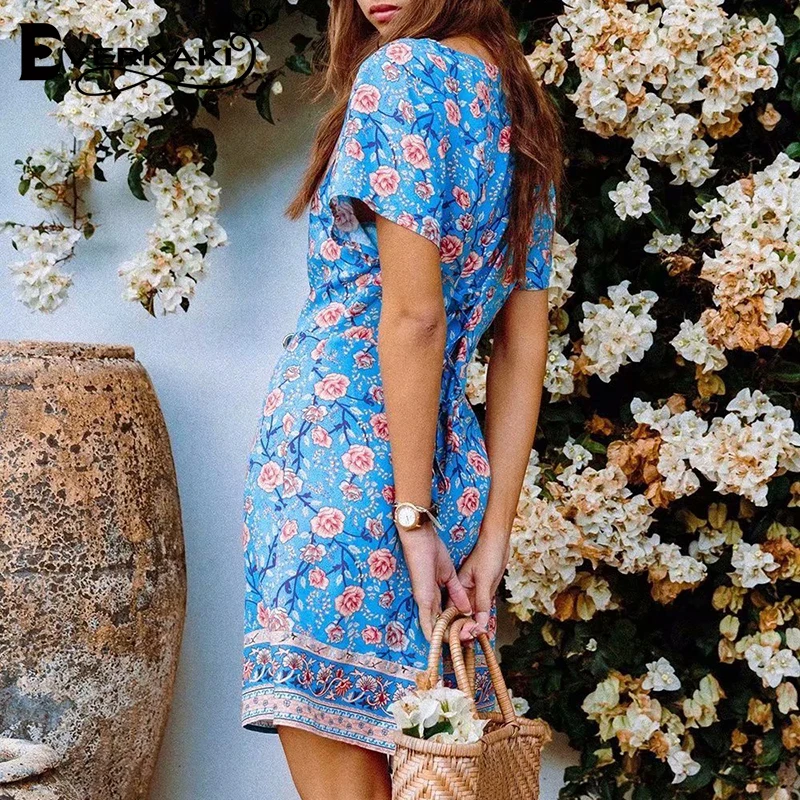 Everkaki Boho мини-платье с принтом женское осеннее кружевное платье v-образным вырезом