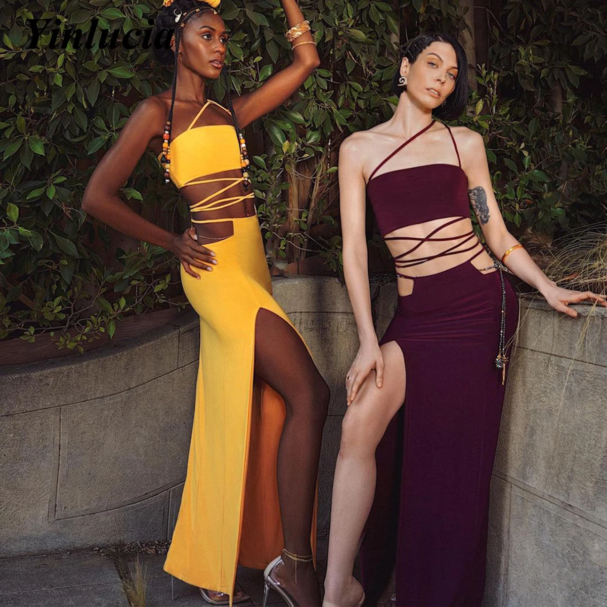 

High Quality Prom Dresses Backless Sexy Bandage High Split Halter Strap Dress Flexible Party Maxi Evening Dresses Bridesmaid