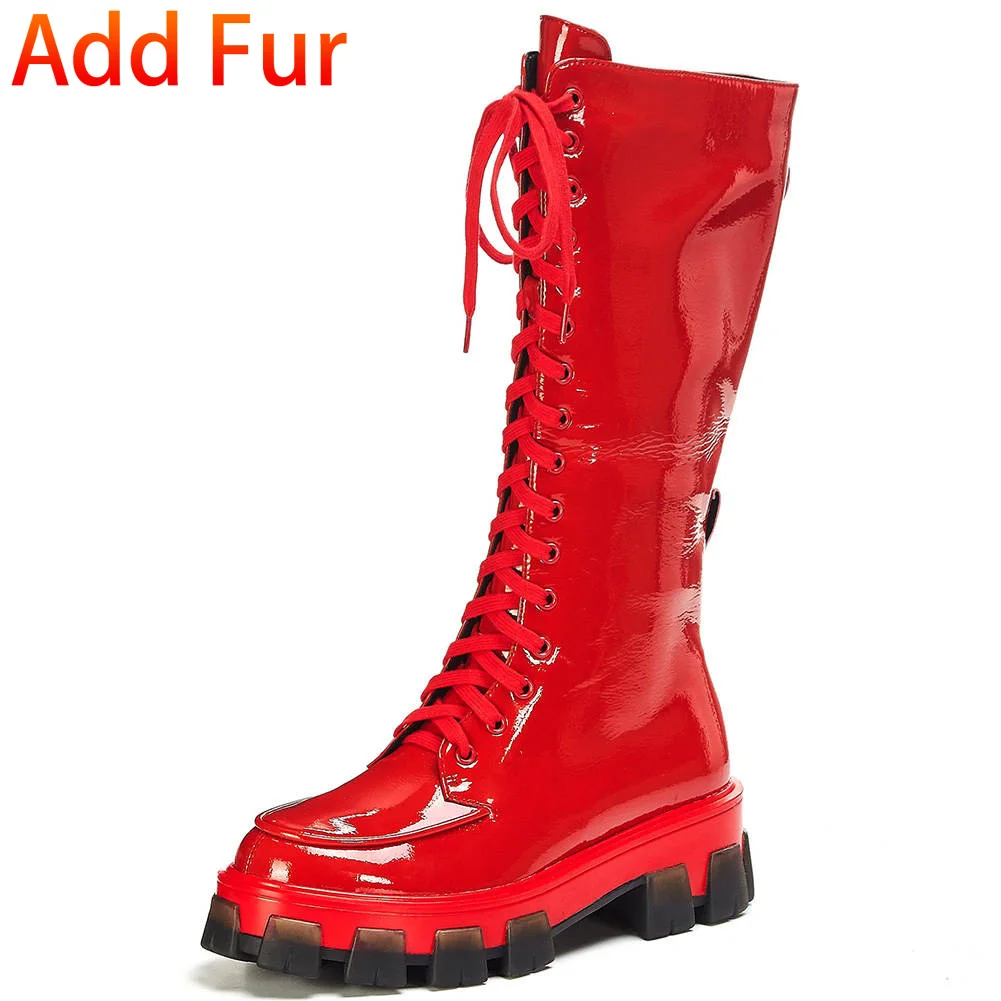 red add fur DORATASIA/Новинка; большие размеры 34-41; Брендовая женская обувь из натуральной кожи на не сужающемся книзу массивном каблуке и молнии; Женские Повседневные Вечерние ботинки до середины икры из органической кожи - Цвет: red add fur