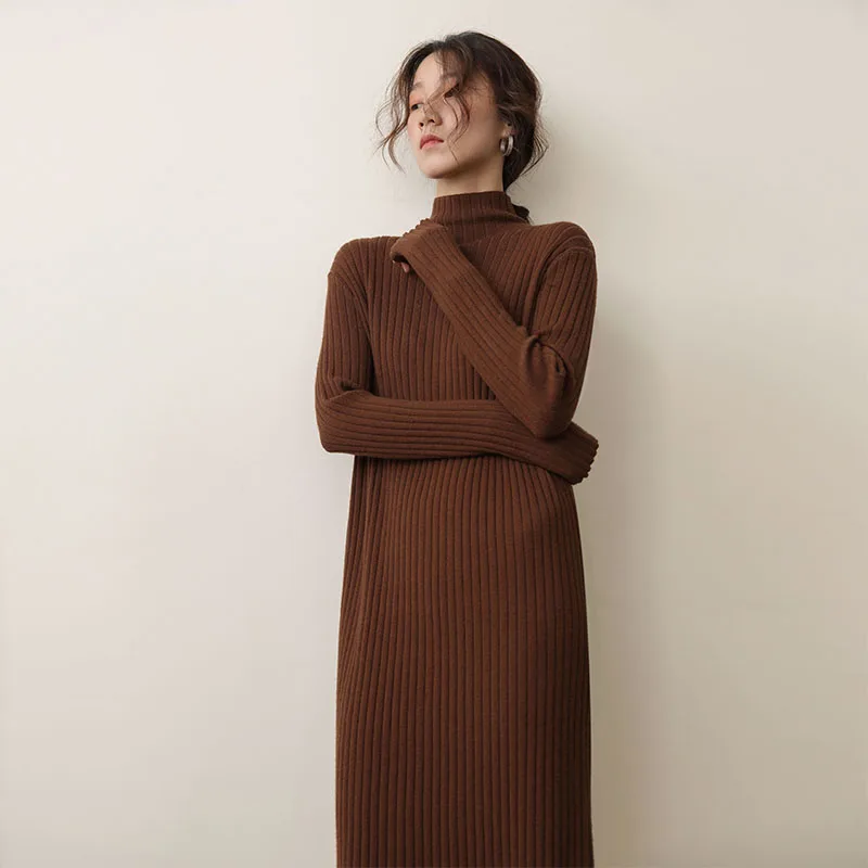 

Stretch Sweater Dress Thick Knitted Cotton Dress Pullover Long-sleeve Turtleneck Korean Style Loose Brown Sweater Vintage Dress