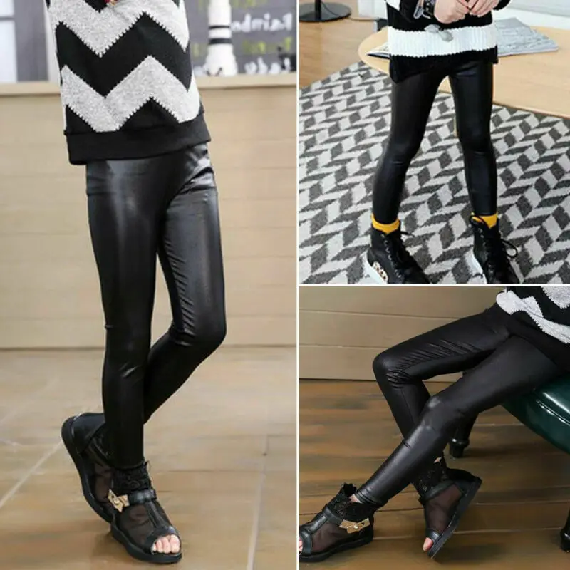 Черные эластичные штаны из искусственной кожи для маленьких девочек детские