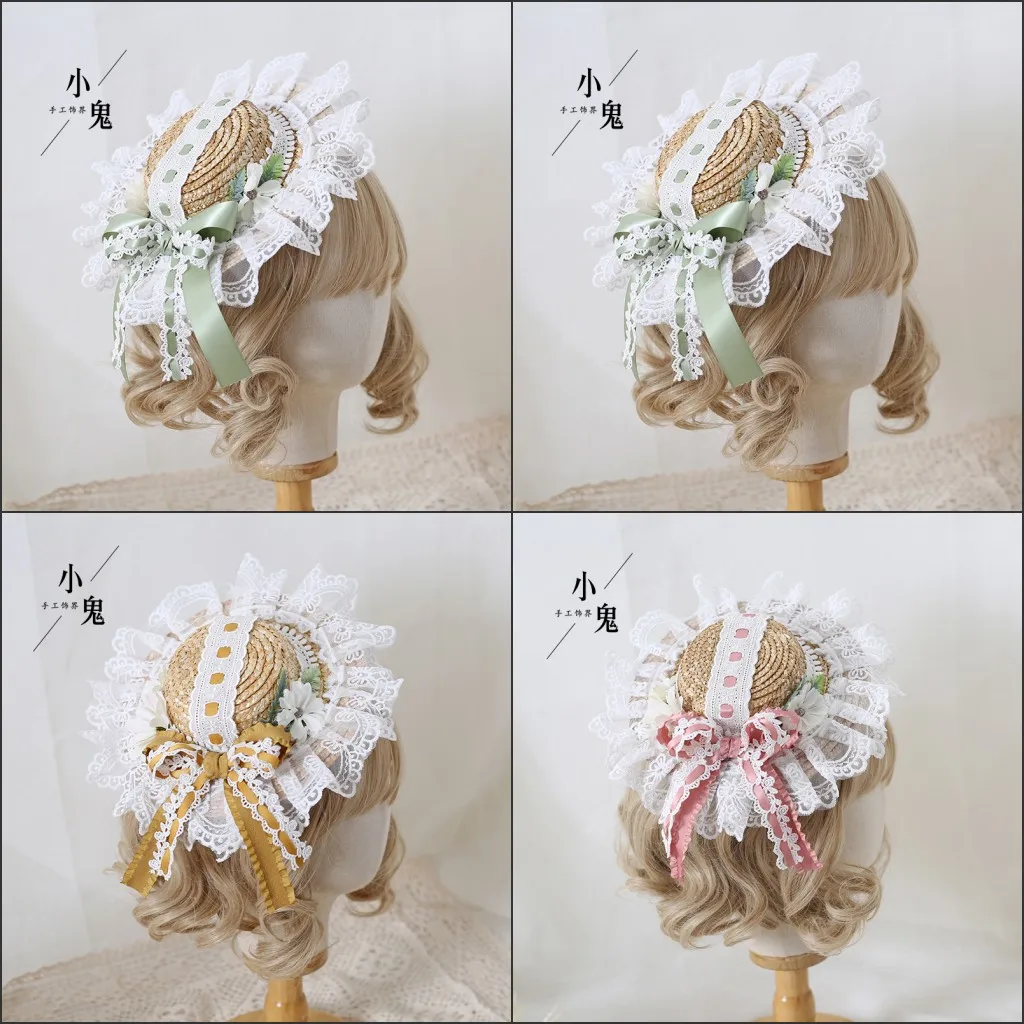 

Соломенная шляпа ручной работы, милая оригинальная элегантная кружевная головная убор, милая плоская шляпа в Стиле Лолита, с цветочным орна...