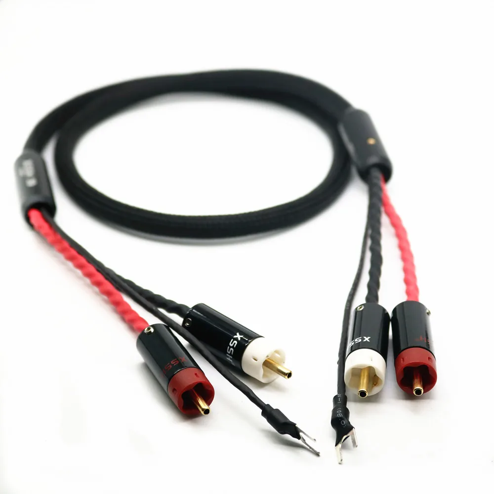 

XSSH YIVO 4 core pure copper OFC Plated Silver shield 2 RCA to 2 RCA ground U spade Ground Wire plug Audio Phono Tonearm Cable