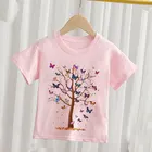 Футболка для мальчиков и девочек, летняя футболка с волшебными бабочками, растениями, деревьями, топы, одежда для малышей, детская одежда, мультяшный розовый с коротким рукавом