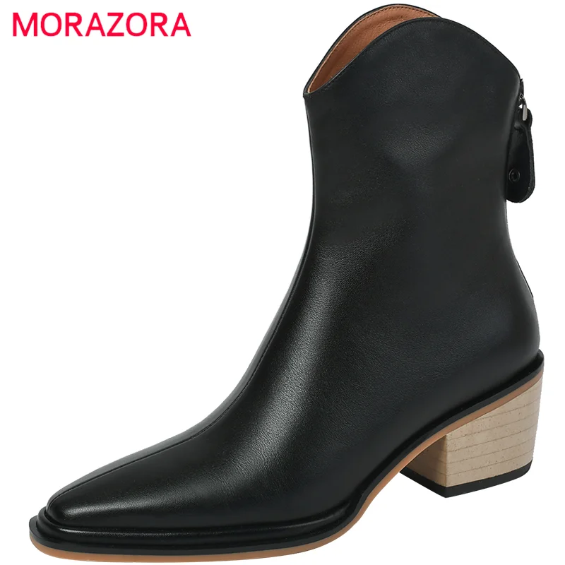

Женские ковбойские ботинки MORAZORA, черные ковбойские ботинки из натуральной кожи на толстом каблуке, на молнии, лето 2022