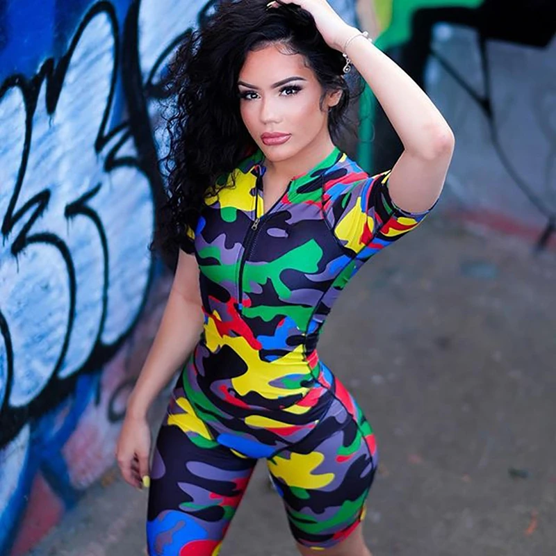 Женский Короткий комбинезон на молнии с камуфляжным принтом | Женская одежда