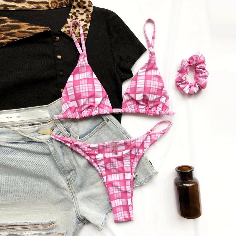 

3 Colors Plaid String Bikini Set Swimsuit Sexy Push Up Swimwear Biquini Women Brazilian Thong Beachwear Bikini With Head Rope