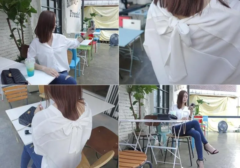 

The new 2019 two tees in loose white long-sleeved joker v-neck shirt frock bow