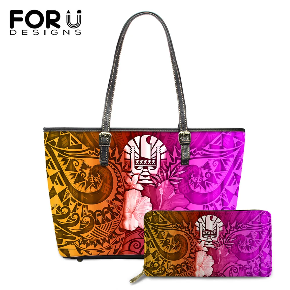 

FORUDESIGNS Large Pu Leather Shoulder Bag And Purse 2Set/pcs For Women Gradient Polynesia Fiji Tribe Pattern Female Party Clutch