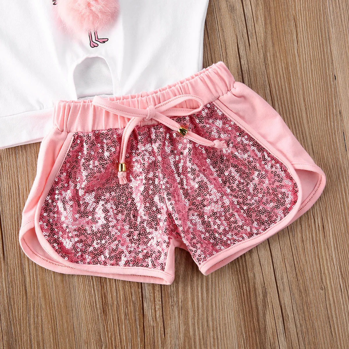 New Summer Baby Girl Flamingo Clothes Toddler Kid Short Sleeve Top T-Shirts+Sequin Shorts Outfits Sets 1-4Years |