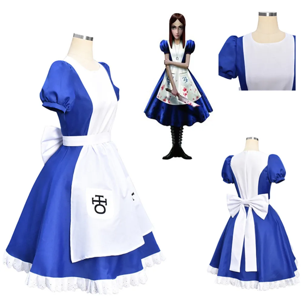 Игра Alice Madness Returns Алиса платья маскарадный костюм платья подружек невесты фартук платье для женщин девочек костюм горничной фартук платье