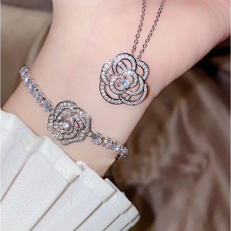 

Luxury Rose Flower Jewelry Set Inlay Shiny Crystal Zircon Fashion Wedding Romantic Pendant Necklace Christmas Bracelet For Women