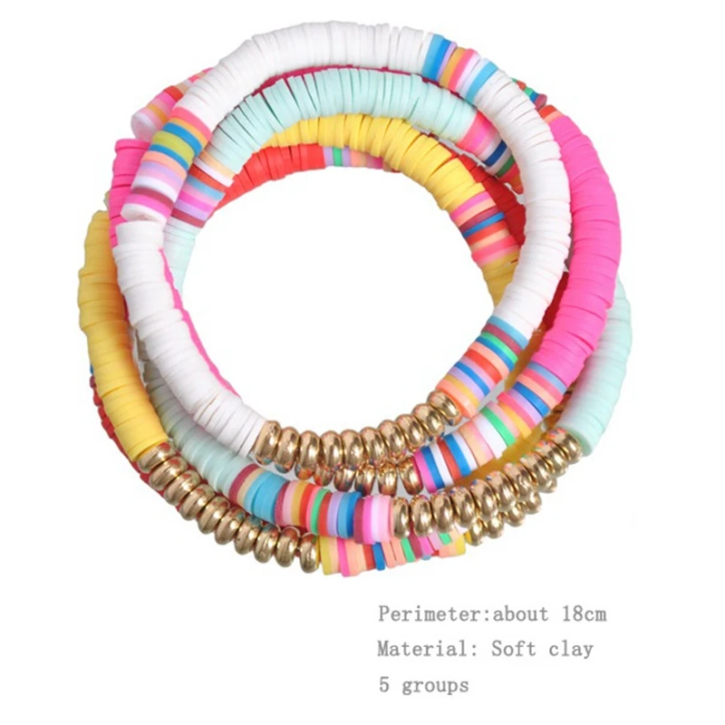 

5pcs/lot Boho Polymer Clay Disc Beads Stretch Bracelet New Fashion Multicolored Vinyl Record Beads Mixed Surf Jewelry Gift