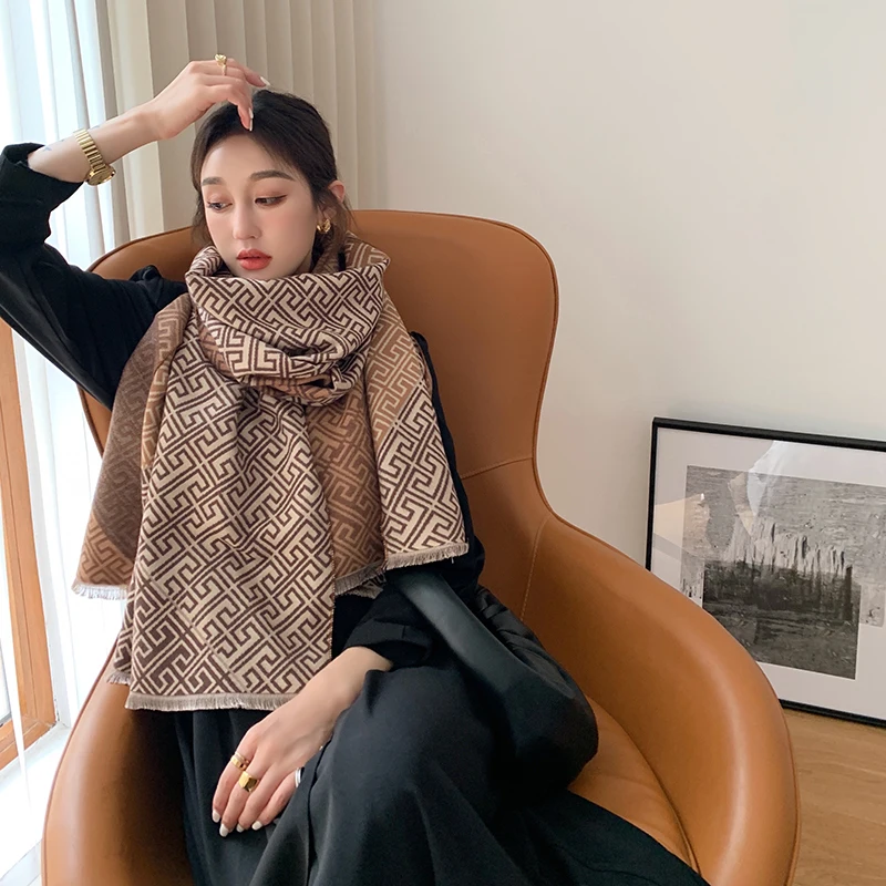 

luxury double-sided scarf women winter warm cashmere shawl scarf printed soft thin blanket holiday gift