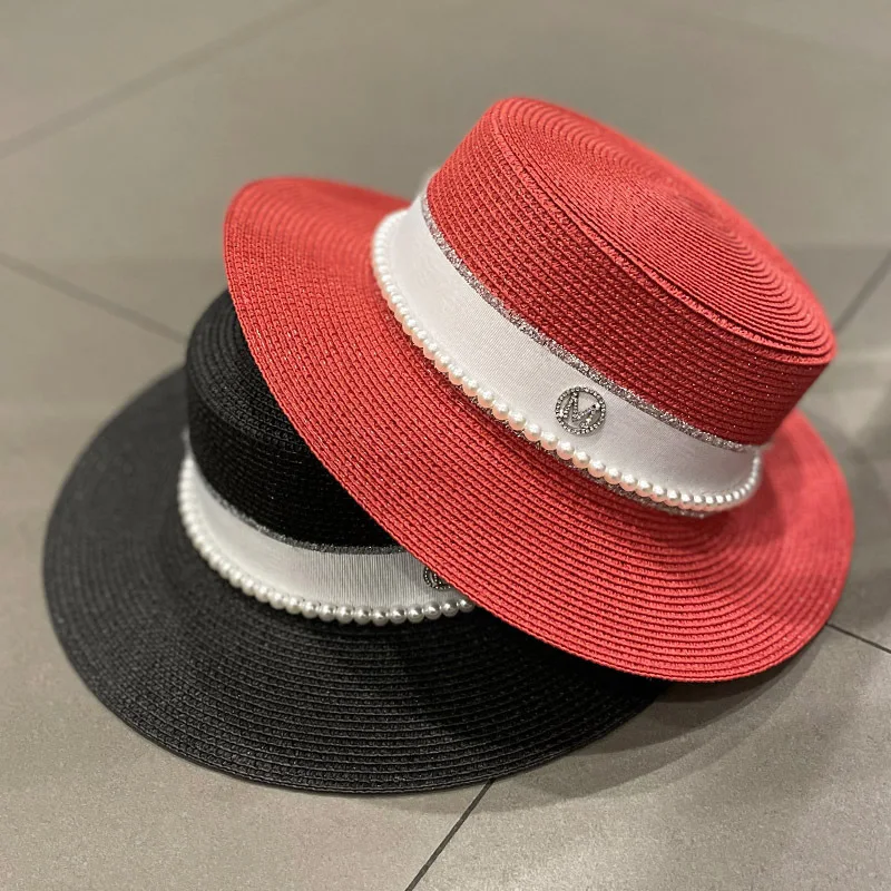 

New Summer Women's Boater Beach Hat Wide Side Female Casual Panama Hat Lady Classic Flat Bowknot Straw Sun Hat Women Fedora