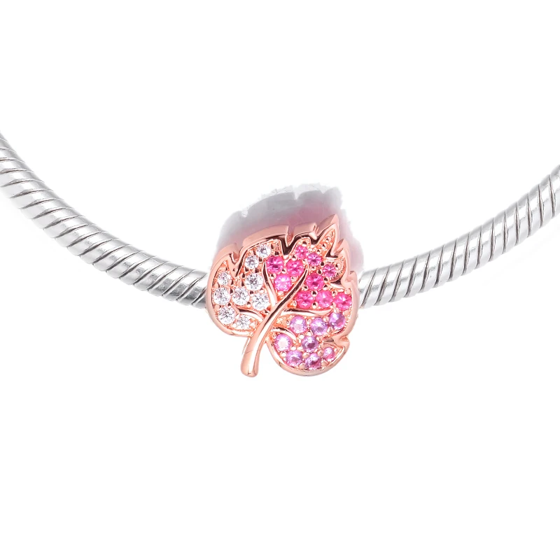 QANDOCCI 925 Sterling Silver Beads Fit Pandora Bracelets Rose Sparkling Pave Leaf Charms for Women DIY Jewelry kralen pulsera | Украшения и