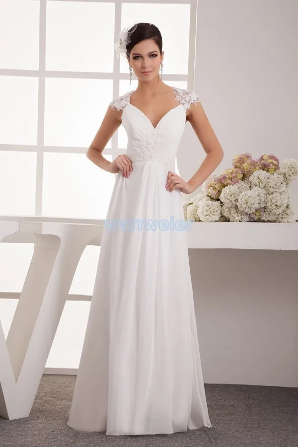 

free shipping 2016 new design hot sale beach cap sleeve fashion bridal gown v-neck custom size/color long white Bridesmaid Dress