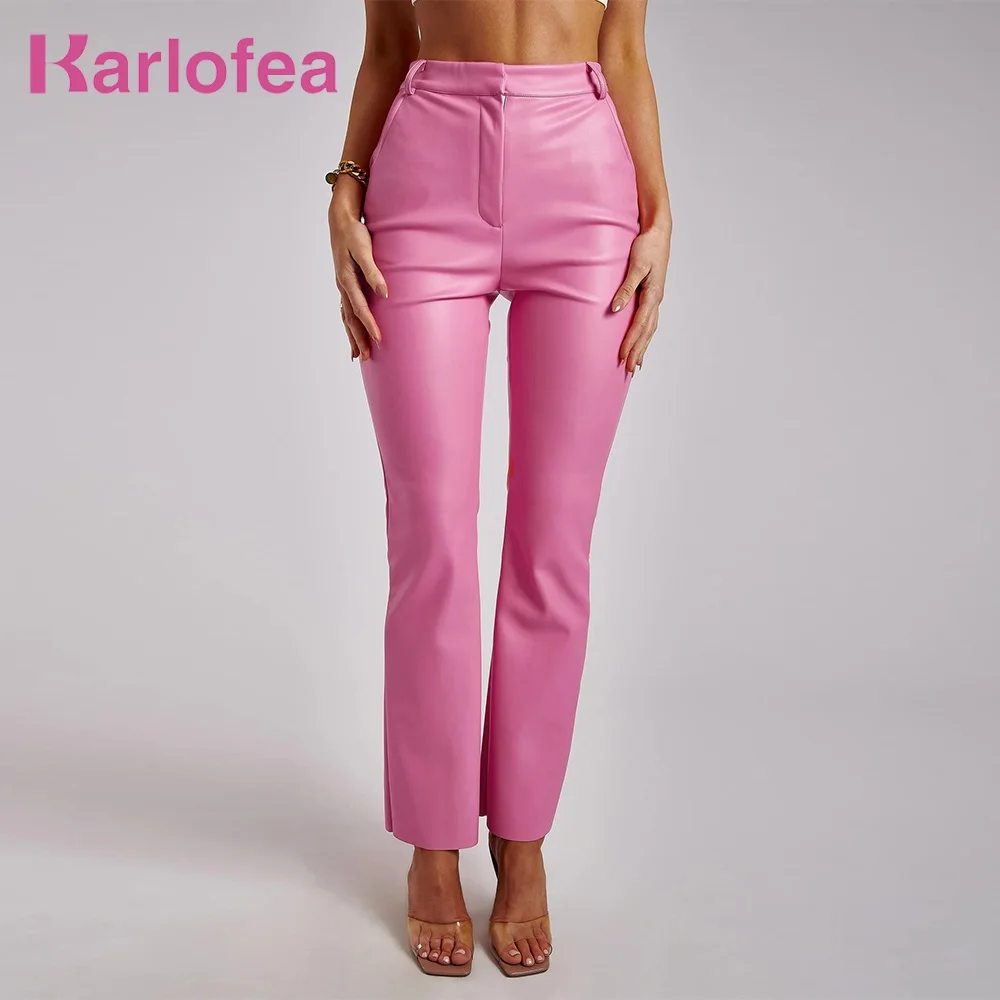 

Karlofea Female Basic Simple Faux PU Leather Long Pink Pants Fashion Day Outfits Clothes Sexy High Waist Shinny Pencil Trousers