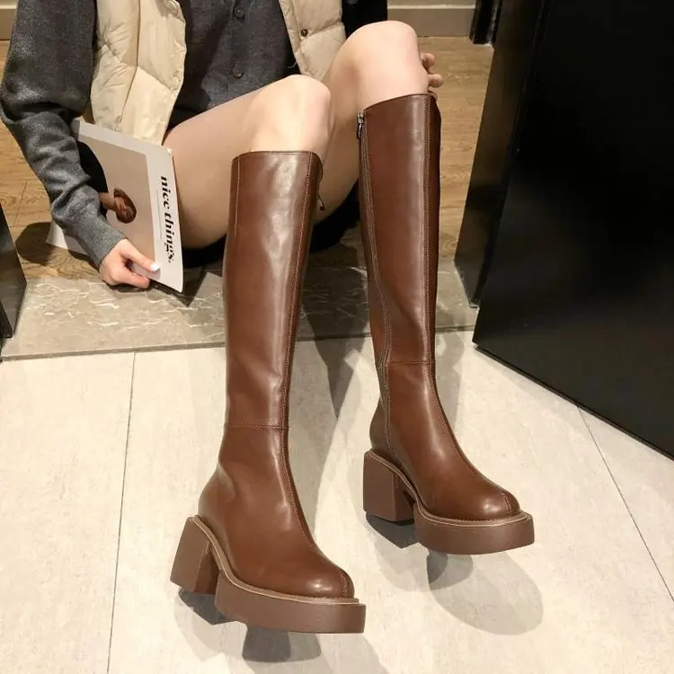 

Winter Mid Heels Knee High Women Boots Snow Zipper Warm Chelsea Long Boots Platform Pumps Round Toe Shoes Office Lady Footwear
