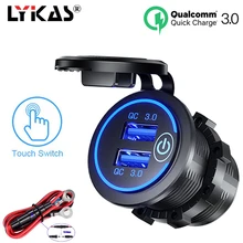 LYKAS QC 3.0 Car Charger Dual USB Socket with Switch On Off Touch Led Light Waterproof Car USB Phone Charger 5V 4.2A