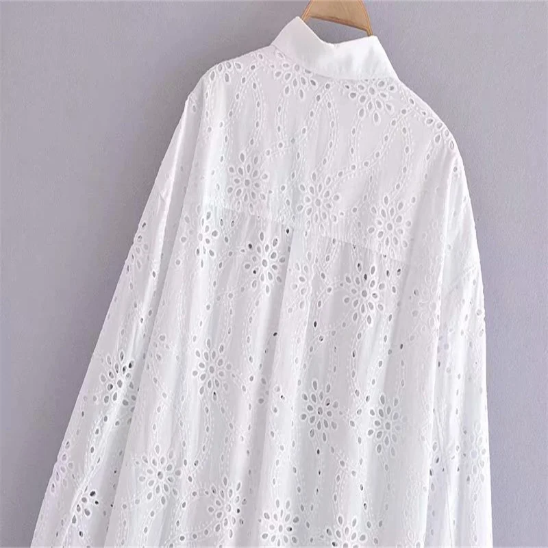 

Za Summer Hollow Out Sexy Girl Shirt White V-neck Texture Casual Single-breasted Front Big Pocket Shirt Sandy Beach short Shirt