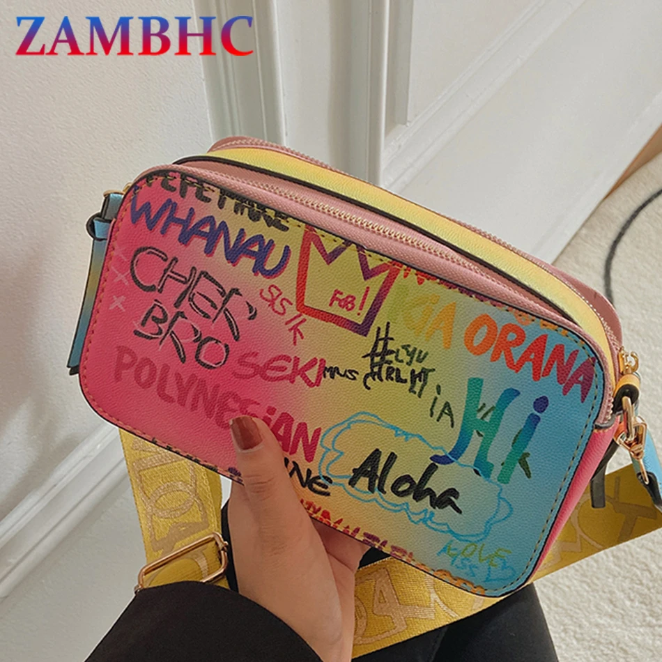 

2 Pockets Fashion Graffiti Square Bag Designer Pu Leather Shoulder Messenger Bags for Women Popular INS Lady Party Bag Brand Sac