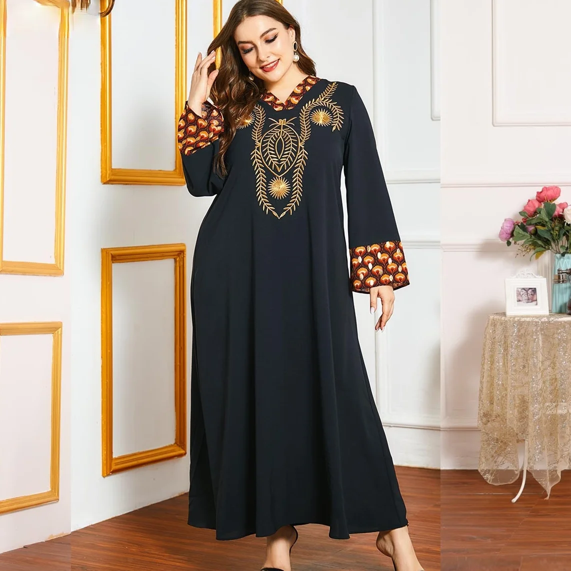 

2021 Muslim Large Size Fashion Spring and Autumn Women Heavy Industry Ethnic Embroidery Long Sleeve Stitching Casual Dress