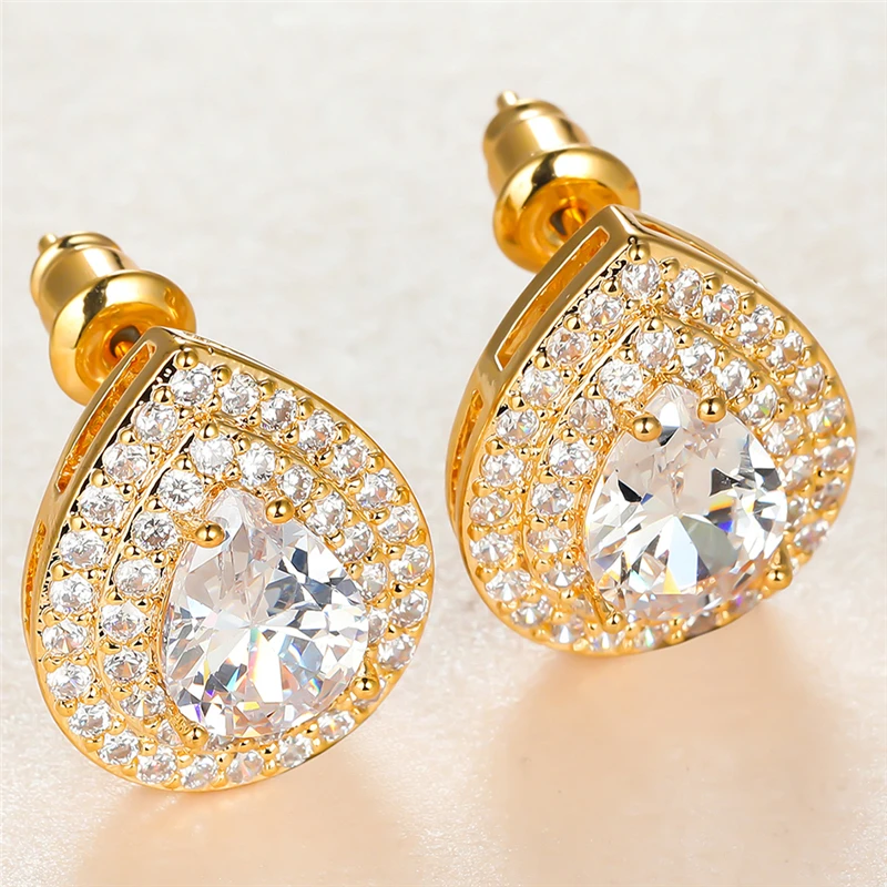 

Luxury Female White Crystal Stone Earring Charm Gold Color Stud Earrings Cute Bride Geometry Zircon Wedding Earrings For Women
