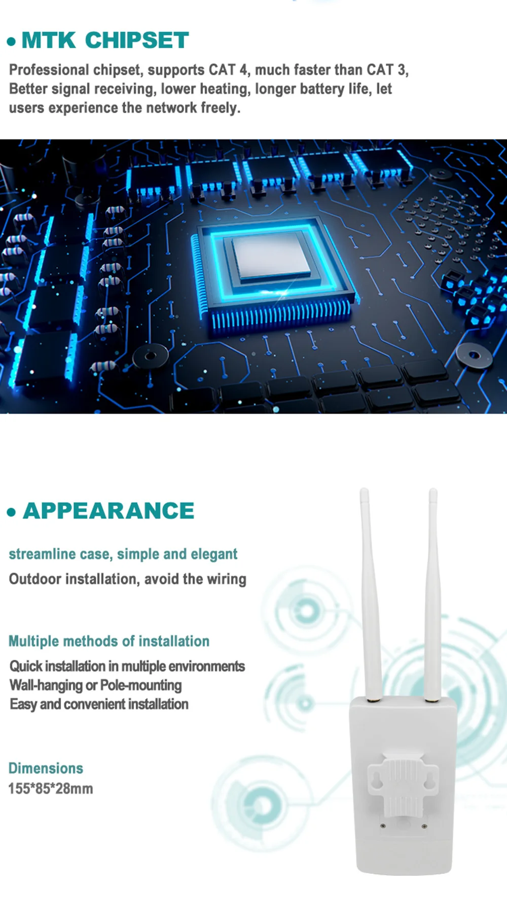 

Waterproof Outdoor CPE905 4G Router 2.4G 150Mbps CAT4 LTE Routers 3G/4G SIM Card WiFi Router for IP Camera/Outside WiFi Coverage