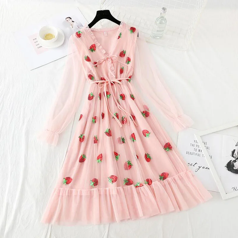 Женское платье с V образным вырезом розовое элегантное Сетчатое длинным рукавом