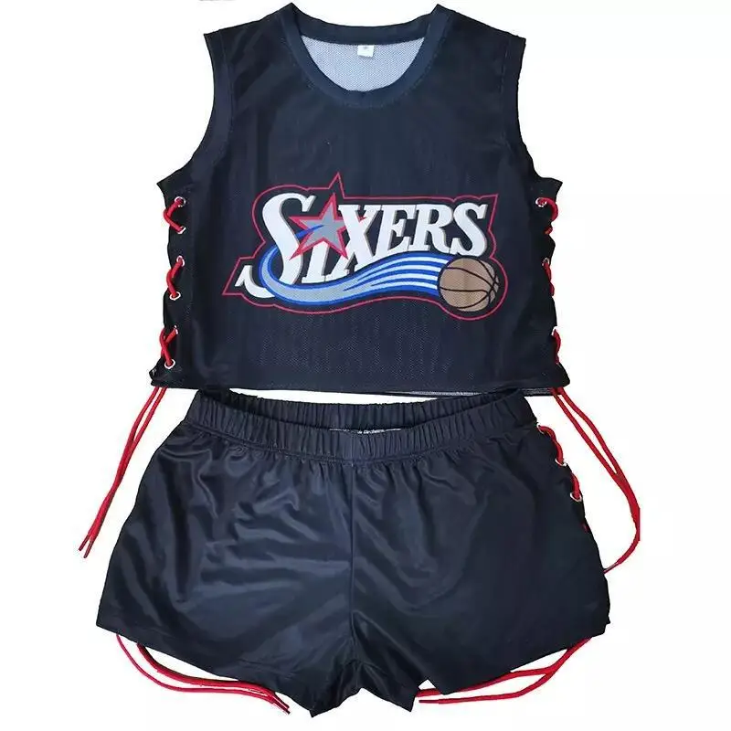 

Two Piece Set Basketball Jerseys O-Neck Sleeveless Crop Top Lace Up Shorts Biker Casual Women Set Summer Sport Outfit Ribber