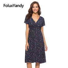 Foluxyandy vestido boêmio feminino com decote em v estampado manga curta cintura alta a linha midi verão chiffon vestidos ywnj20 (3)