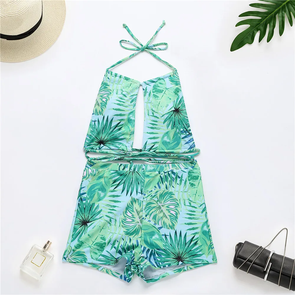 

Brazilian plant print swimsuit women Halter push up bikini 2021 High waist swimwear Hollow out bathing suit String beachwear New
