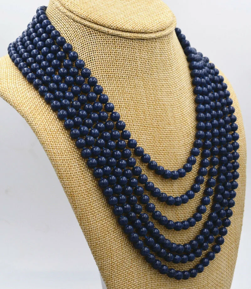

Новые 6 рядов очаровательные 6 мм синие темно-синие лазуритовые бусы ожерелье 17-24"