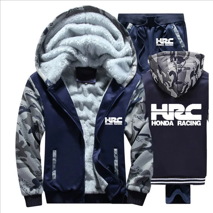 Hoodies Men HRC race motorcycle Car Logo Mens Suit Winter Thicken Warm Fleece Zipper Tracksuit Jacket+Pants sets | Мужская одежда