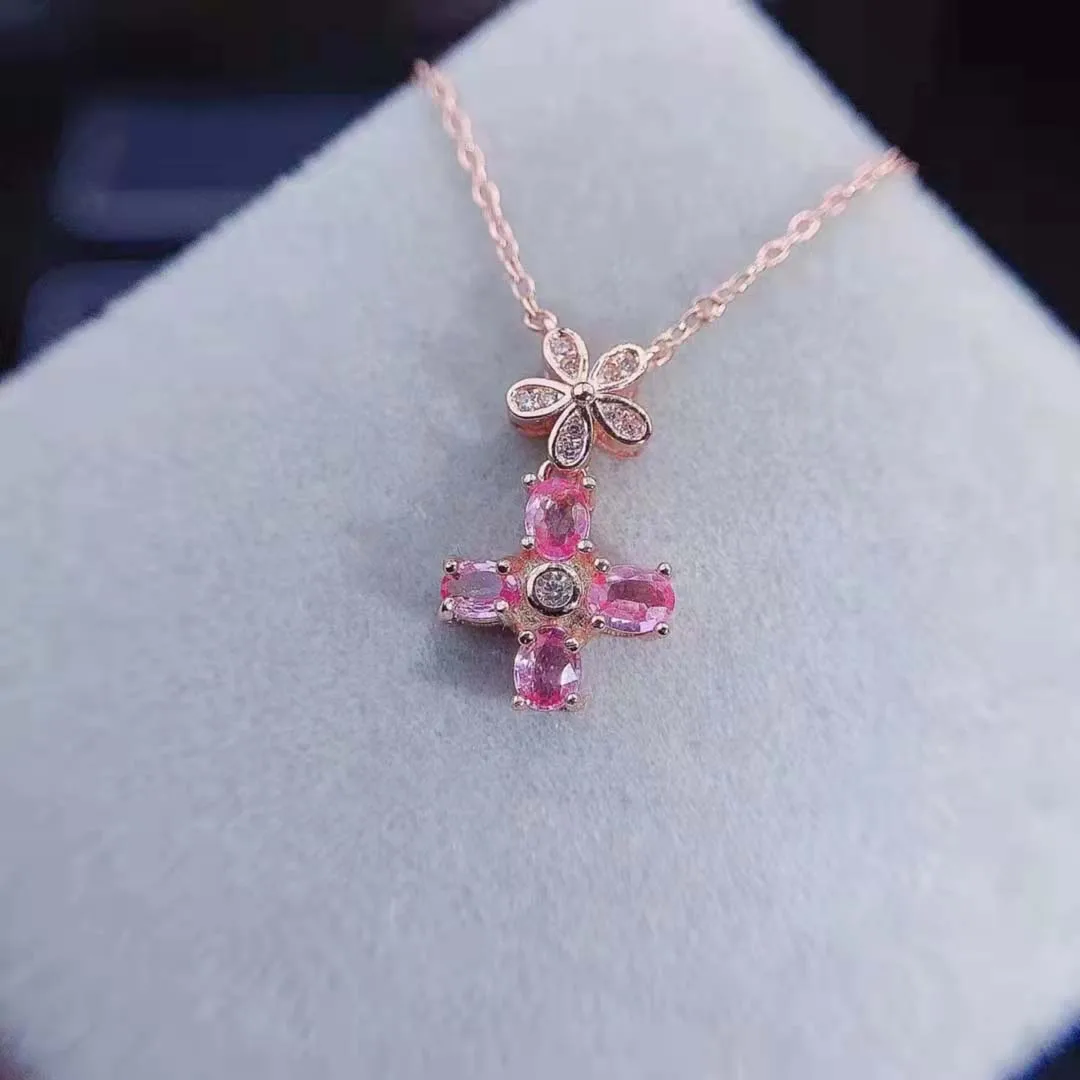 

Natural Papalacha Pink Sapphire S925 Sterling Silver Lucky Clover Pendant Necklace Fine Fashion Jewelry For Women MeibaPJFS