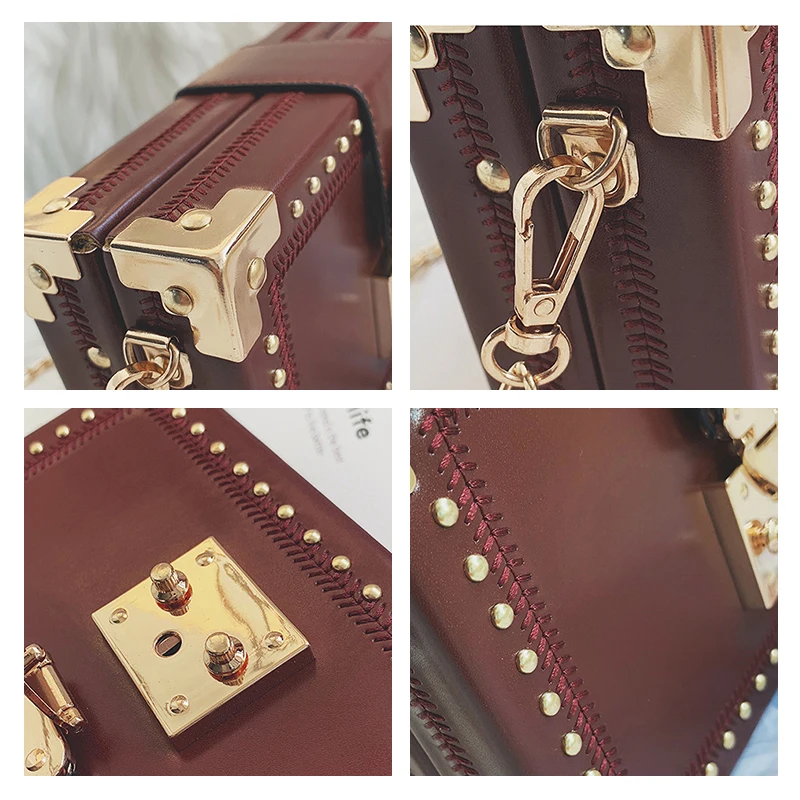 Fashion Vintage Rivet Designer Bag Box Style Buckle PU Women Clutch Bag Chain Purse Shoulder Bag Crossbody Small Flap Handbag